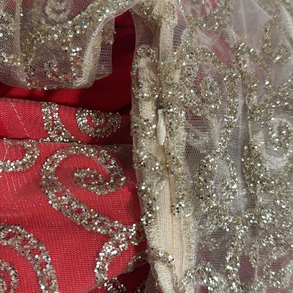 Formal Sheer Red Gold Mermaid Dress Glitter Open Back Small Women’s - Picture 11 of 13